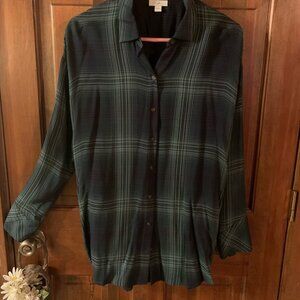 J.Jill Navy/green plaid double cloth button front tunic shirt S